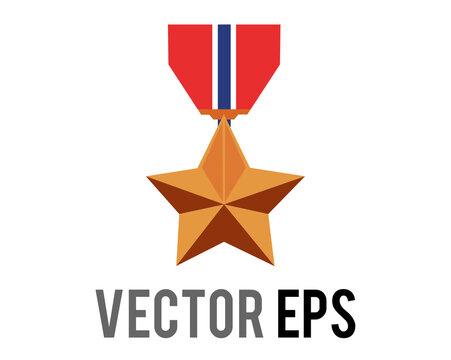 vector classic bronze military medal star icon with red, blue ribbon
