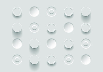 White buttons in neomorphism style. Abstract geometric background