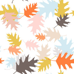 Vector seamless pattern with realistic oak leaves. Hand drawn nature background in pastel colors. Design for wallpaper, wrapping paper, invitation, seasonal greetings card.