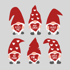 Valentine's day vector illustration set. Valentine gnome isolated on white background. Be mine, Kiss me, Love you. Cut cartoon gnomes with heart. Template for greeting card, clipart, sticker, poster