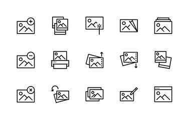 Set of photo vector linear icons. Photograph management. Contains such Icons as enhance Image, edit, print, rotation, image and more. Isolated collection of photography for websites icon and mobile.