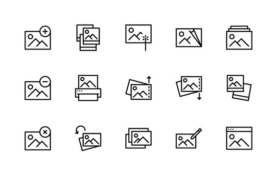 Set of photo vector linear icons. Photograph management. Contains such Icons as enhance Image, edit, print, rotation, image and more. Isolated collection of photography for websites icon and mobile.