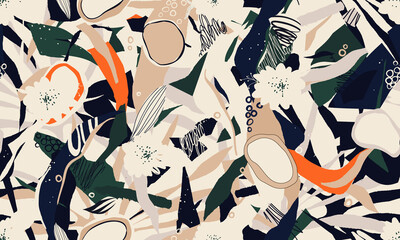Abstract bloemenpatroon. Modern collage naadloos patroon. Modieuze sjabloon voor ontwerp.