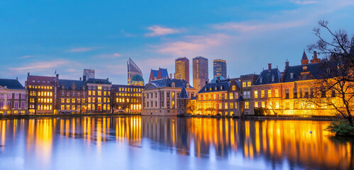 Binnenhof castle (Dutch Parliament) cityscape downtown skyline of  Hague in Netherlands