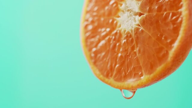 Water flows down from the edge of a beautiful juicy tangerine on turquoise background, close-up. Healthy citrus fruits rich in vitamin C.