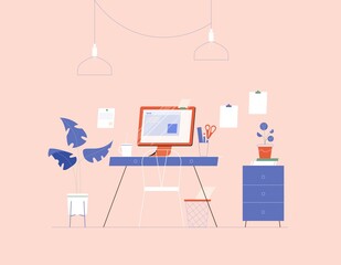 Workplace illustration with computer, desk, documents. Vector home office and freelancer workspace concept.