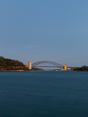 Dusk view of Sydney Harbour Bridge with clear blue sky.