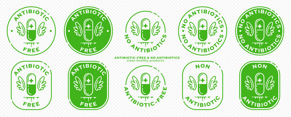 Conceptual stamps for product packaging. Labeling - no antibiotics. A capsule with wings - a symbol of drug-free. Vector grouped elements.