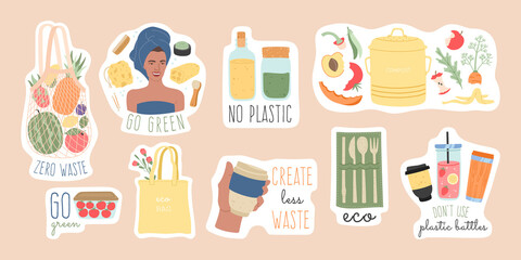 Zero waste big stickers set with slogans. Big bundle of recycle and eco friendly elements, go green lifestyle, save the planet. Modern ecological anti plastic pins, flat cartoon vector illustration