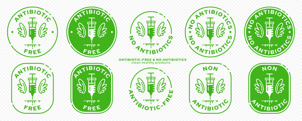 Conceptual stamps for product packaging. Labeling - no antibiotics. A syringe with wings - a symbol of drug-free. Vector grouped elements.