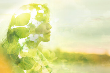 Nature tree geen leaves combines with the beauty of young attractive woman. Health mind and body...