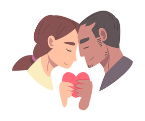 Young Couple in Love Holding Heart Vector Illustration