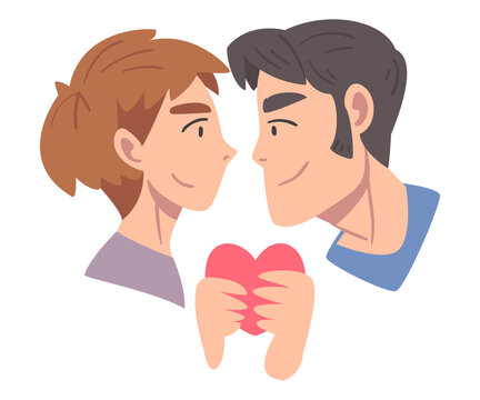 Young Couple in Love Holding Heart Vector Illustration