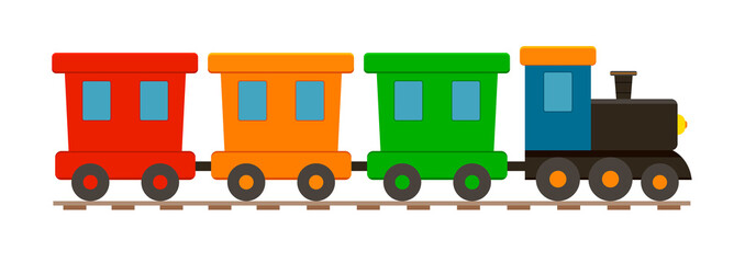 Train toy. Locomotive for kid. Cartoon engine, wagon, wheels and railway for child. Train isolated on white background. Cute icon for holiday, birthday and shop. Transport children game. Vector