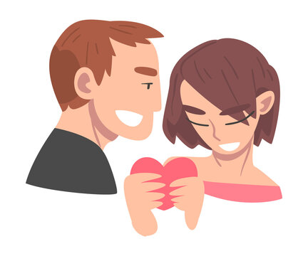 Enamored Couple in Love Holding Heart Feeling Devotion Vector Illustration