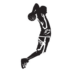 Fototapeta premium Professional basketball player silhouette shooting ball into the hoop, vector illustration. Slam dunk shooting technique