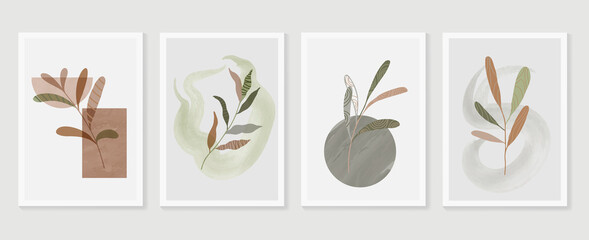 Fototapeta na wymiar Botanical wall art vector set. Earth tone background foliage line art drawing with abstract shape and watercolor. Design for wall framed prints, canvas prints, poster, home decor, cover, wallpaper.