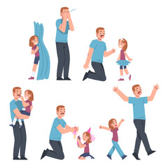 Obraz premium Moustached Dad and His Daughter Having Good Time Playing Together Vector Set
