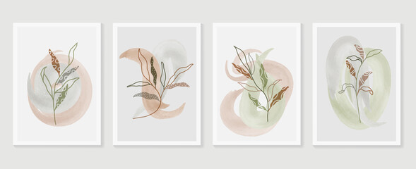 Botanischer Wandkunst-Vektorsatz. Erdfarbener Hintergrund Laub Strichzeichnung mit abstrakter Form und Aquarell. Design für gerahmte Wanddrucke, Leinwanddrucke, Poster, Wohnkultur, Cover, Tapeten. © TWINS DESIGN STUDIO