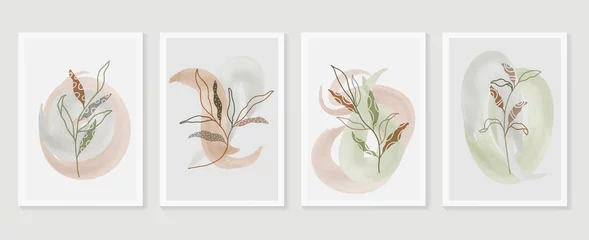Botanischer Wandkunst-Vektorsatz. Erdfarbener Hintergrund Laub Strichzeichnung mit abstrakter Form und Aquarell. Design für gerahmte Wanddrucke, Leinwanddrucke, Poster, Wohnkultur, Cover, Tapeten. © TWINS DESIGN STUDIO
