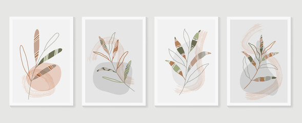 Fototapeta na wymiar Botanical wall art vector set. Earth tone background foliage line art drawing with abstract shape and watercolor. Design for wall framed prints, canvas prints, poster, home decor, cover, wallpaper.