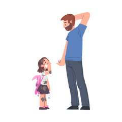 Astonished Bearded Dad Looking at His Daughter Standing in Clothes with Mud Splashes Vector Illustration