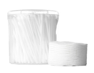 Cotton pads and cotton buds isolated on white background