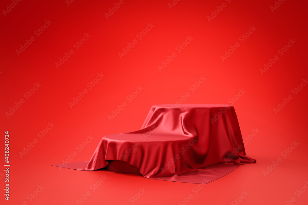 Fototapete red fabric and product background stand or podium pedestal on advertising display with blank backdro