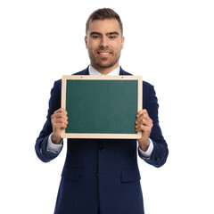 smiling bearded guy in elegant suit presenting blackboard