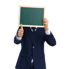 shy young man hiding behind blackboard and making thumbs up sign