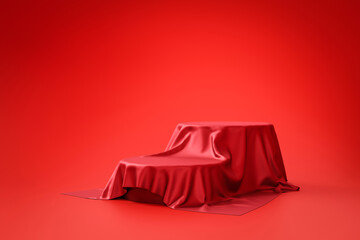 Red fabric and product background stand or podium pedestal on advertising display with blank backdrops. 3D rendering.