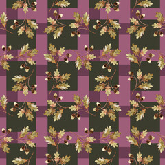 Geometric seamless pattern with botanical elements. Watercolor oak leaves and acorns on dark green and pink checkered background. Trendy wallpaper. Fashion fabric design