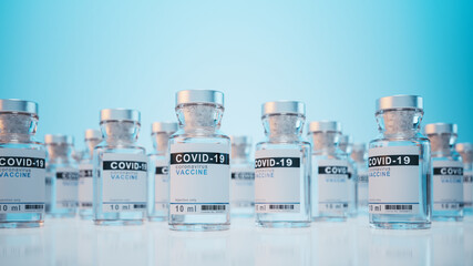Coronavirus covid-19 vaccine in ampoules. 3d illustration