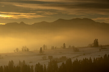 Fototapeta na wymiar Beautiful, misty sunrise in the mountains-Tatra Mountains, Poland
