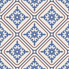 Seamless Damask pattern. Majolica pottery tile, colorful azulejo, original traditional Portuguese and Spain decor. Seamless pattern with Victorian motives. Vector illustration.