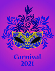 Happy carnival. Festive concept with a mask. Web banner, separated editable elements, flyer, or invitation design. Vector illustration.