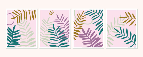 Botanical wall art posters collection. Set of tropical leaves drawings with abstract shapes in pastel colors. Artistic wildlife nature art. Minimalist modern floral background.