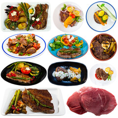 Collage of different dishes from beef and view of raw meat isolated on white background..
