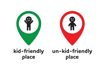 Kid friendly emblem - vector badges and icon designs in simple linear style - sticker for child cafe, play zone and area. Location, playground, kindergarten, entertainment center.