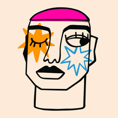 illustration of a person in Ink painting style. Surreal Face. Hand drawn portrait in modern abstract graphic style.	