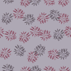 Seamless cartoon pattern with nature foliage silhouettes ornament. Light purple background. Pastel palette artwork.