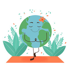 Cute planet Earth is doing yoga. Environmental protection concept for peace and happiness of the planet. Vector isolated illustration for banner or postcard with character.