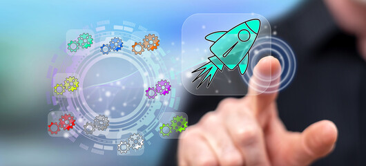 Man touching a teamwork success concept