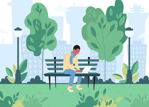 A young freelance guy sits on a bench in a spring city park and works at a laptop. Flat vector illustration