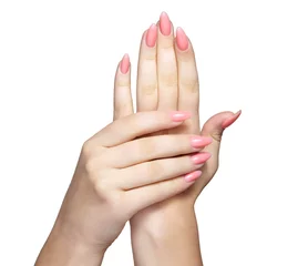 Poster Female hands with woman's professional natural perfect nails manicure isolated on white background © Serg Zastavkin