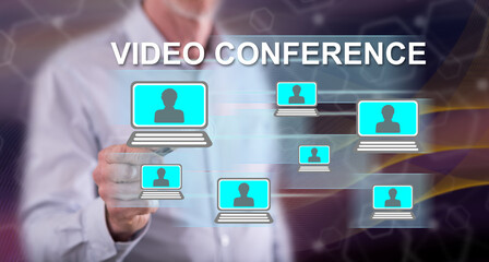 Man touching a video conference concept