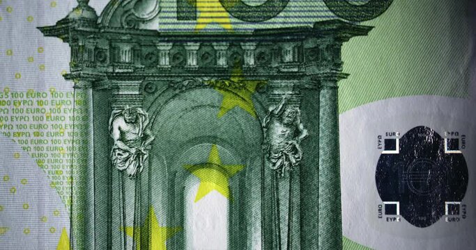 Stop motion of hundred US dollars and EURO close-up. Macro shooting of periodically changing fragments of fiat banknotes. Concept of the global financial system and investment