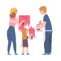 Young Family with Kid Holding Paint Roller Making Repair and Home Renovation Vector Illustration