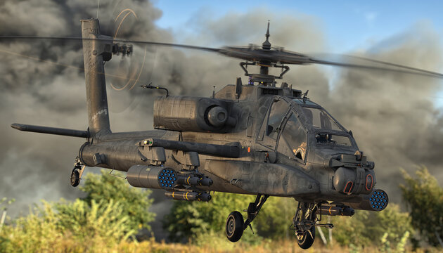 Boeing AH-64 Apache flying over the battlefield