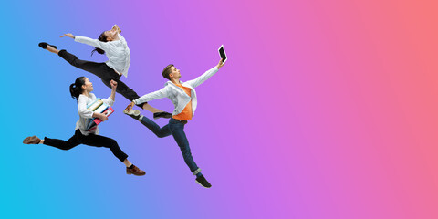 Fototapeta na wymiar Juicy. Happy office workers jumping and dancing in casual clothes or suit isolated on gradient neon fluid background. Business, start-up, working open-space, motion, action concept. Creative collage.